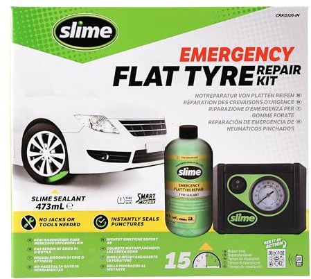 Slime CRK0305-IN Smart Repair Kit, Notfall-Reifenreparatur bei Reifenpannen, enthält 473mL Dichtmittel und einen Kompressor, geeignet für PKWs und andere Straßenfahrzeuge, Reparatur in 15 Minuten
