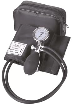 Oberarm Aneroid Blutdruckmessgerät, Manschette mit Bügelring, Med-Comfort, 2-Schlauch-System, schwarz, 1 Stück, Arzt, Praxis, Krankenhaus, in praktischer Tasche [ISO 81060]