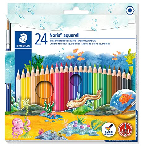 STAEDTLER wasservermalbare Buntstifte Noris Club aquarell, erhöhte Bruchfestigkeit, sechskant, ABS-System, kindgerecht nach EN71, PEFC-Holz, Set mit 24 brillanten Farben, 144 10NC24
