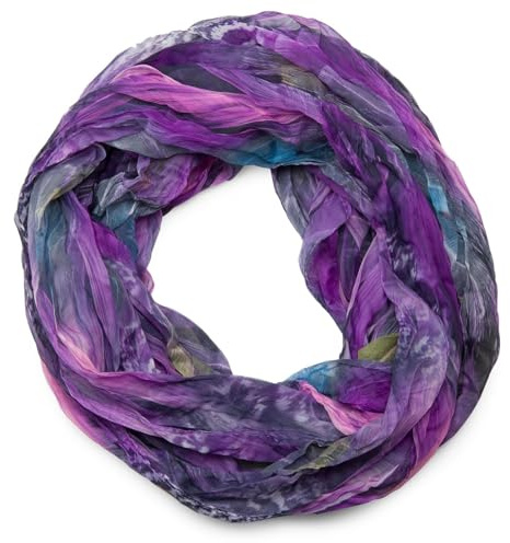 styleBREAKER Damen Loopschal Feder Muster Batik Style | leichter Schlauchschal mit Crash Crinkle Optik | weiches Halstuch für Frühling und Sommer, Farbe:Violett