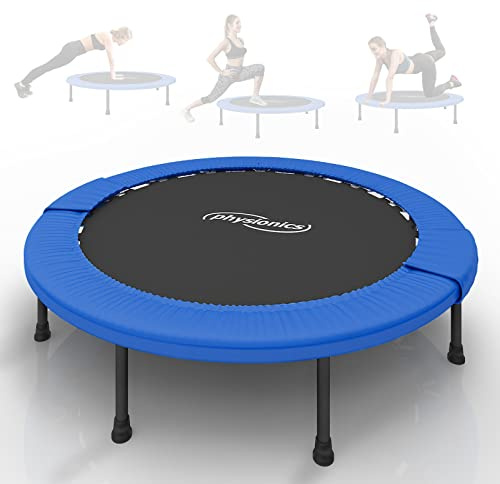Physionics® Mini Trampolin - Klappbar, Ø81/91/96/102/114/122cm, bis 100 kg, Schwarz-Blau - Minitrampolin, Indoor und Outdoor Bodentrampolin für Erwachsene, Fitness, Sport, Jumping
