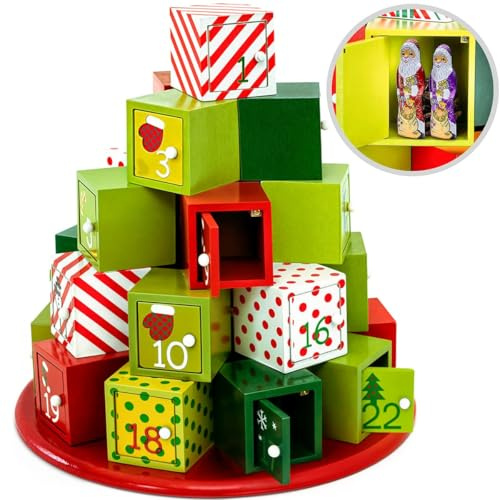 SPIELWERK® Wiederverwendbarer Adventskalender Geschenkeberg zum Befüllen 24 Türchen Bunt Bemalt Weihnachten Kinder DIY weihnachtliche Holz Dekoration
