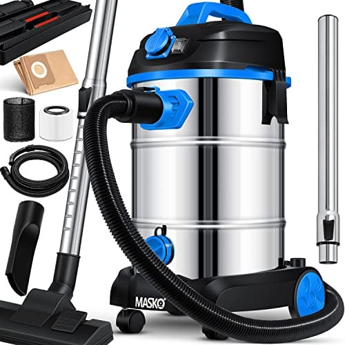 MASKO® Industriestaubsauger, Nass Trockensauger HEPA, 3 in 1 Filtersystem, 58 l/s Werkstattsauger mit Steckdose, 1800W, 30L, Industriesauger mit & ohne Beutel, Filter + Aufsätze, Push&Clean, Blau