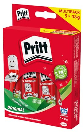 Pritt Klebestift, sicherer und kinderfreundlicher Bastelkleber für Kunst und Bastelarbeiten, starker Kleber für Schule & Bürobedarf, 5x43g Pritt Stift
