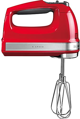KitchenAid Leistungsstarker Handmixer 9 Stufen - Soft-Start und LED-Anzeige - Handrührer mit Edelstahl Rührbesen, Schneebesen, Knethaken und Mixstab - 85 W - Komfortgriff - Rot