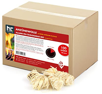 FLAMBIOL Anzündwolle – 100 Stück – formaldehydfrei & nässeunempfindlich – wachsgetränkte Naturholzwolle für Kamin, Ofen & Grill – saubere, rückstandsarme Brenndauer 8-10 Min.