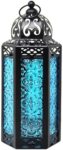 Vela Lanterns Marokkanische Lampenlaterne, dekorativer Kerzenhalter für Innen- und Außenbereich, Heimdekoration, Terrasse, Hochzeiten, schwarzes Metall, blaues Glas, mittelgroß