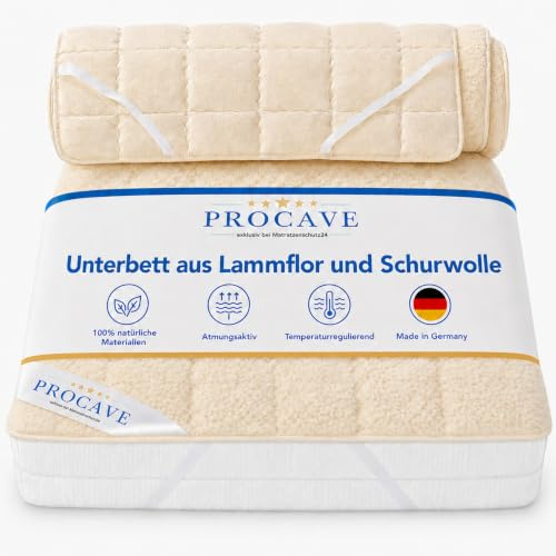 PROCAVE weiches Unterbett 90x200 cm mit Lammflor und Schurwolle, Topper | hochwertige Matratzen-Topper, Matratzen-Schoner mit 4 Eckgummis, Matratzen-Auflage