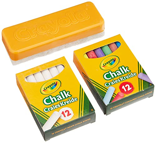 CRAYOLA, 24 Weiße und Farbige Kreide-Set für Tafel mit Schwamm, ab 3 Jahren | Schule und Zuhause