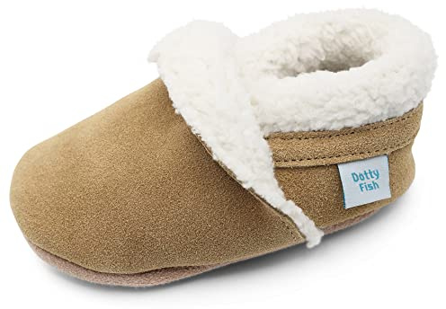 Dotty Fish Barfuß-Hausschuhe aus Wildleder mit Fleece für Babys und Kinder | Barfußgefühl, Rutschfest, Weiche Sohle, Flexibel, Leicht, Warmes Fleecefutter, Breite Zehenbox