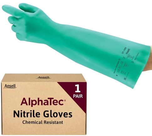 Ansell AlphaTec 37-185 Nitril-Arbeitshandschuhe, Industrie Chemikalien und Lebensmitteln, Chemikalien-Schutz Latexfrei, Chemie-Handschuh Säurefest, Damen Herren, Grün, Größe L (1 Paar)