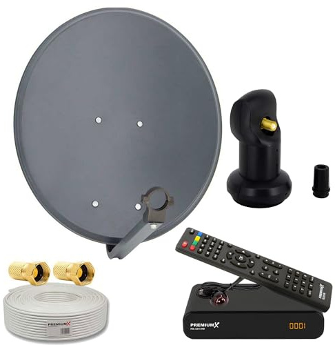 PremiumX Satelliten-Komplettanlage 60cm Schüssel SAT Single LNB 10m Antennenkabel HD TV Digital Satelliten Receiver HDMI-Kabel