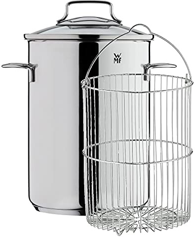 WMF Spargeltopf hoch mit Glasdeckel 16cm, Spargeltopf Induktion, Dampfgarer 5l, Cromargan Edelstahl poliert, Topf Induktion mit Siebeinsatz, geeignet für Pasta, Spaghetti, Gemüse