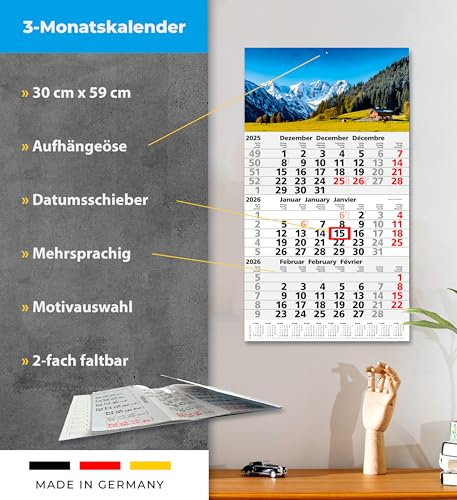 3-Monatskalender 2026 Wandplaner Dreimonatskalender 30 x 59 cm mit Schieber mehrsprachig d/fr./engl Motiv: Berge