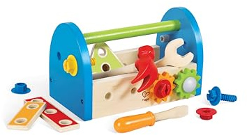 Hape Werkzeugkasten - aus Holz mit Zubehör, farbenfrohe Werkbank Hammerspielset für Kinder, Motorik- und Rollenspielzeug, 17-teilig, ab 3 Jahren