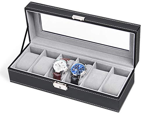 NEX Uhrenbox mit 6 Fächern, Organizer für Herren, schwarzer Uhrenständer, Aufbewahrungsbox