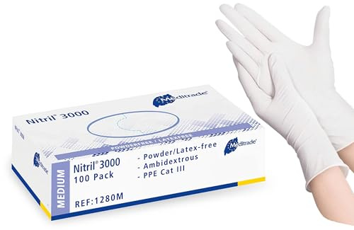 Meditrade Nitril® 3000 weißer Untersuchungshandschuh – Puder- und latexfreie Einweg-Untersuchungshandschuhe – Geeignet für mehrere Bereiche – Größe M – 100 Stück