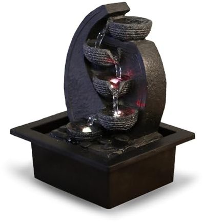 Zen'Light - Zimmerbrunnen Wasserfall V2 4 Ebenen in Natursteinoptik mit farbigem LED-Licht - Moderne Zen Tischdekoration, Ideal für Meditation und Entspannung - H 26 cm