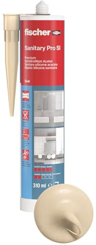 Fischer Sanitärsilikon DSSA BG, Silikon zum Abdichten & Verfugen im Sanitär- und Küchenbereich, Kartusche für zahlreiche Anwendungen und Baustoffe, 310 ml, beige, Bahama-beige