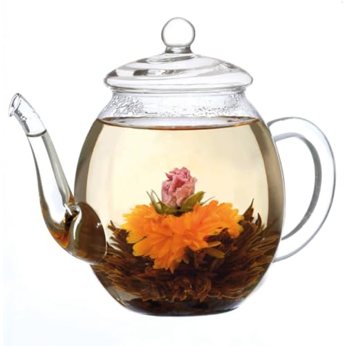 Creano Teekanne aus Glas mit Deckel für 500ml Tee aus Teeblumen, Teerosen und losem Tee sowie Teebeuteln - Dobin-Teekanne hochwertig, hitzebeständig