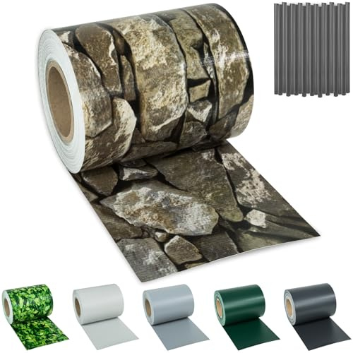 tectake® Sichtschutzfolie, Sichtschutzstreifen mit Befestigungsclips, Windschutz, Sonnenschutz, Sichtschutzmatte für Balkon, Garten, Terrasse, für Stabmattenzaun und Zaunelemente - 35 m, Steinoptik