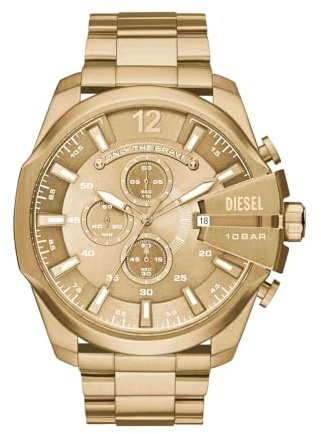 Diesel Herrenuhr Mega Chief, QuarzChronographenwerk, 51 mm goldenes Edelstahlgehäuse mit Edelstahlarmband, DZ4360