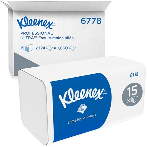 Kleenex Ultra große Papierhandtücher mit Interfold V-Falz 6778, 2-lagige Papiertücher, FSC-Papier, 15 Packungen x 124 Handtücher (1.860 Falthandtücher), Kompatibel mit Standard-Papiertuchspendern