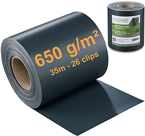 WORKINGHOUSE PVC Sichtschutzstreifen 650g/m² Premium für Doppelstabmatten Zaun – 35m Rolle, Anthrazit RAL 7016 | Wind- & Blickschutz, wetterfest, inkl. Clips