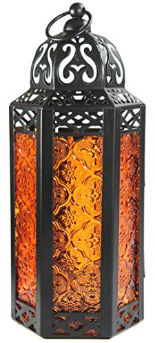 Vela Lanterns Marokkanische Lampenlaterne, dekorativer Kerzenhalter für Innen- und Außenbereich, Heimdekoration, Halloween, Terrasse, Hochzeiten, schwarzes Metall, bernsteinfarbenes Glas, mittelgroß