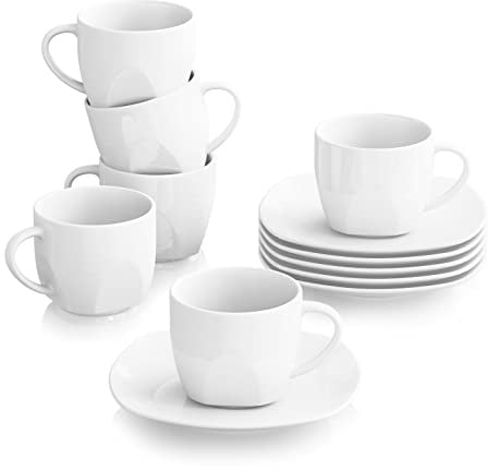 MALACASA Elisa Kaffeetassen Set 6er mit Untertassen Weiß Porzellan | Kaffeeservice 6 Personen, Tassen Set Für Kaffee, Tee, Espresso & Latte