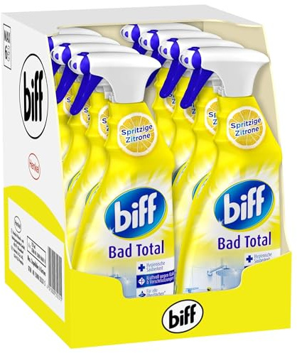Biff Bad Total Spritzige Zitrone, Badreiniger, 8 x 750 ml, Sprühflasche, für alle Oberflächen und hygienische Sauberkeit