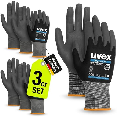 Uvex phynomic XG, 3 Paar - Montagehandschuh, Schutzhandschuh, Arbeitshandschuh - extra grip, wiederstandsfähig & feinfühlig - schwarz, grau - Größe 10/XL