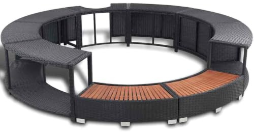 vidaXL Umrandung mit Stauraum für Whirlpool Spa Schwimmbecken Poolumrandung Poly Rattan Schwarz Hartholz Rund Pulverbeschichteter Stahl