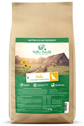MÜLLER'S NATURHOF – Huhn | Natürlich kaltgepresstes Trockenfutter mit Gartengemüse und Wiesenkräutern für ausgewachsene Hunde. Alleinfutter ohne Zusatzstoffe im Beutel | 15kg Huhn