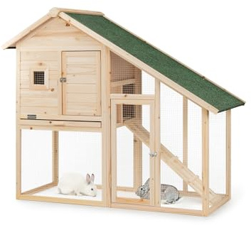 lionto Kaninchenstall aus Holz auf Zwei Etagen mit Rampe, 140x65x119 cm, wasserabweisendes Bitumendach & Drahtgitter, Hasenstall Winterfest für draußen mit 2 Eingängen & herausnehmbarer Schublade
