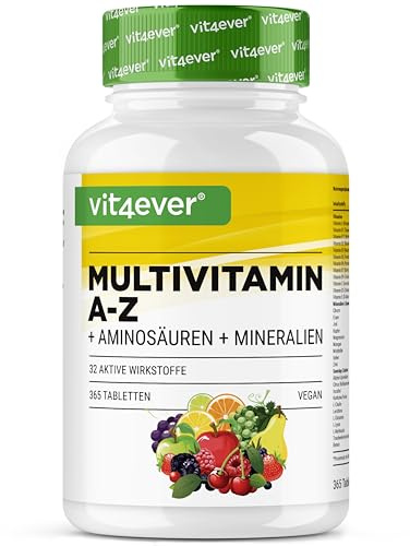 Multivitamin A-Z - 365 Tabletten (12 Monate) - 32 aktive Inhaltsstoffe - Kombination aus Mineralien + Aminosäuren + Spurenelementen + Pflanzenextrakten - Vegan - Hochdosiert
