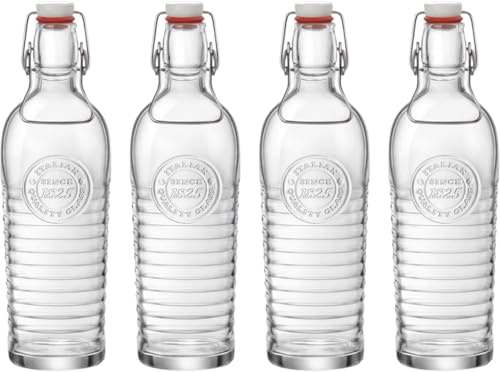 Bormioli 4er Set Glasflaschen Officina 1825 - Mit Relief und Riffelung - Italienische Qualität - Ideal für Einkochen, Getränke, Fermentierung, Dekoration, 540621MBA321990, Transparent