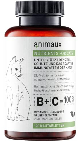 animaux® – nutrients for cats | Katzen-Vitamine zur Unterstützung des Immunsystems | Zink, Mangan, Selen, DL-Methionin | Unterstützt gesunde Haut und ein glattes, glänzendes Fell | 120 Tabs