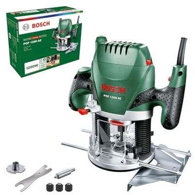 Bosch Oberfräse POF 1200 AE (1200 Watt, inkl. Zubehör für präzise Holzbearbeitung, für unterschiedliche Holzarten)