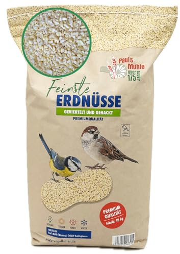 Paul´s Mühle - 10kg Erdnüsse gehackt für Vögel & Wildvögel Neue Ernte 2026 | Erdnusskerne & Erdnussbruch schalenfrei, geviertelt - Vogelfutter & Wildvogelfutter ganzjährig blanchiert für Futterstelle
