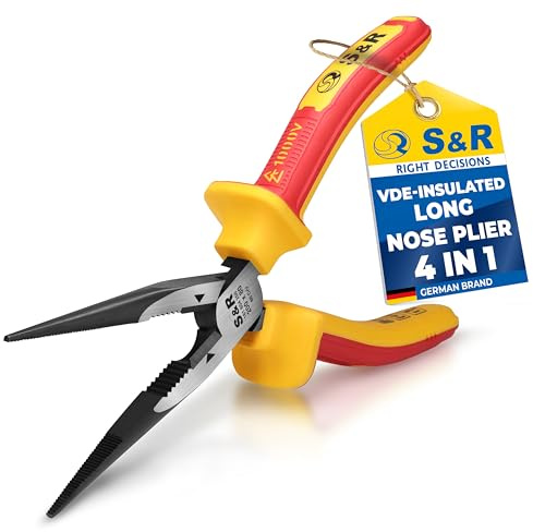 S&R VDE Flachrundzange 200 mm, gerade Spitzzange, 60 CrV hitze- und induktionsgehärtet für professionellen Einsatz, Härte HRC 66, Seitenschneider, 2K-Griff, Abrutschschutz, Storchschnabelzange