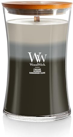 WoodWick Große Trilogy-Duftkerze im Sanduhrglas mit Pluswick-Innovation | Warm Woods | Lange Brenndauer: bis zu 130 Stunden | Geschenke für Frauen