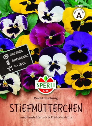 SPERLI Stiefmütterchensamen Prachtmischung 86993 – zweijähriges, winterhartes Stiefmütterchen, mehrfarbig, große Blüten, für Beet, Balkonkasten und Topf, Blüte im Herbst und Frühjahr, 1 Portion