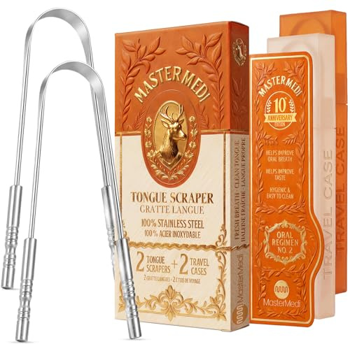 MasterMedi Zungenschaber mit Etui (2er-Pack), Zungenschaber aus 100% Edelstahl gegen Mundgeruch, einfach zu verwendender Zungenschaber für Erwachsene, Zungenreiniger für Mundpflege & Hygiene