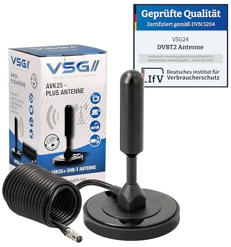 VSG24 DVB-T2 Antenne für Fernseher – HDTV DVBT2 Zimmerantenne mit ALU-Massivkern – 5 m Kupferkabel & Magnetfuß – für Receiver, Wohnmobil & Camping