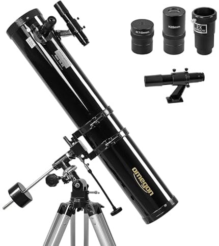 Omegon Teleskop N 114/900 EQ-1 | Spiegelteleskop Einsteiger | Parallaktische EQ-1 Montierung | präzise Nachführung | Dreibeinstativ | für Mond & Planeten | Teleskop für die ganze Familie