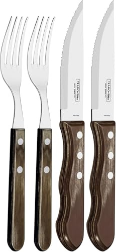 Tramontina Jumbo Steakbesteck, Edelstahl, Set 4-teilig | Großes Besteck, 2 Steakmesser und 2 Steakgabeln, Holzgriff, FSC-zertifiziert