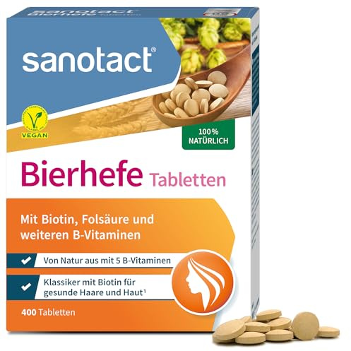 sanotact Bierhefe Tabletten (400 Tabletten) • 100% natürliche Bierhefe vegan • Mit Biotin für schöne Haare & gesunde Haut • 6 B-Vitaminen • Auch für Hunde geeignet • Hefetabletten