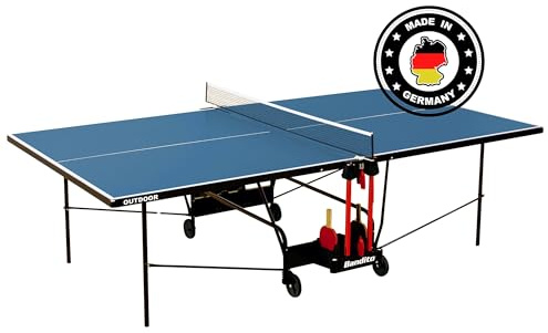 Bandito Profi Tischtennisplatte - Made in Germany, TÜV geprüft, Outdoor & Indoor, Ping Pong Tisch, Turniermaß, klappbar, leicht verstaubar, wasserabweisend, mit Rollen & Netz, 4 mm Melaminharzplatte
