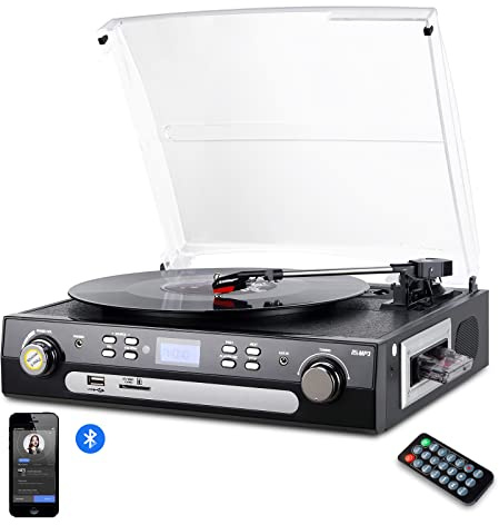 DIGITNOW Vinyl Plattenspieler Bluetooth Schallplattenspieler mit Stereo Lautsprechern Stützen Kassette |AM / FM Radio| Vinyl to MP3 USB-Codierung